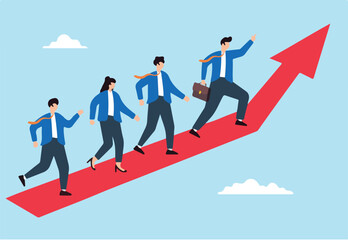 Flat illustration of businessman manager leads team with direction arrow motivating employees to achieve success together