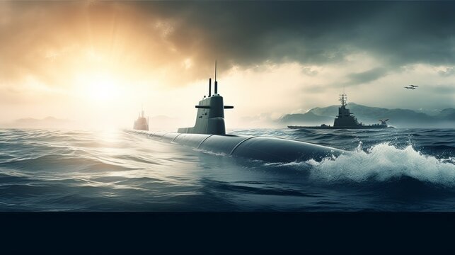 Generic military nuclear submarine floating in the middle of the ocean with a fighter jet in the background, wide poster design with copy space area, Generative AI