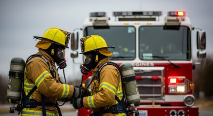 Two firefighters in protective gear standing with a fire truck in background. Safety on duty and teamwork concept.