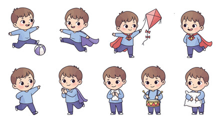 A collection of cartoon illustrations showing a cheerful young boy performing various playful activities, such as balancing, running, playing music, and superhero poses.