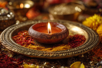 Obraz premium Single Glowing Clay Diya on Engraved Brass Pooja Thali with Kumkum, Turmeric, Rice, and Flower Petals, Top-Down View, Festive Indian Decor