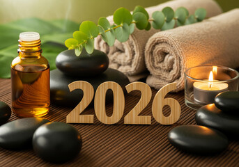 A tranquil spa setting with wooden 2026 numbers among black hot stones for massage. Aromatic oil, a lit candle, and eucalyptus leaves create a scene of new year relaxation and wellness.