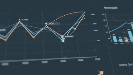 Dynamic Data Visualization Dashboard - A close-up shot reveals a sophisticated data visualization dashboard displaying various charts and graphs, including line graphs, bar charts, and a pie chart. - Powered by Adobe