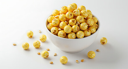 Fototapeta premium Delicious Caramel Popcorn Filling a White Bowl with Some Kernels Scattered Around, Isolated on a Clean Background Displaying a Sweet