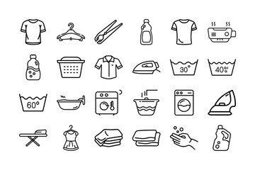Laundry Icon Set. Washing, ironing, detergent, washing machine, clothing, laundry care symbols, cleaning, washing instructions, and more. Editable stroke. Vector illustration.