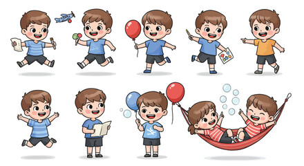 Fototapeta premium Cute cartoon boy character in various poses, including drawing, jumping, holding balloons, reading, and relaxing in a hammock.