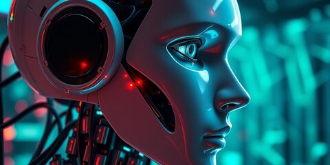 Close-up of a humanoid robot's head, processing data, showing complex circuitry,  cybernetics,  thinking