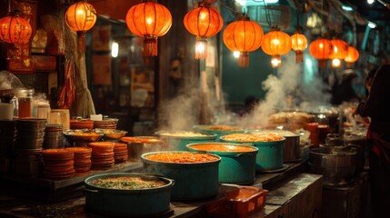 Asian food market with hanging lanterns, steam rising from soup pots