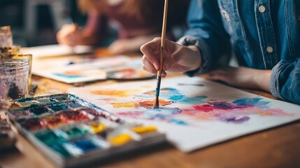 Obraz premium A close-up of a female artist painting with vibrant colors on paper at a creative workspace.
