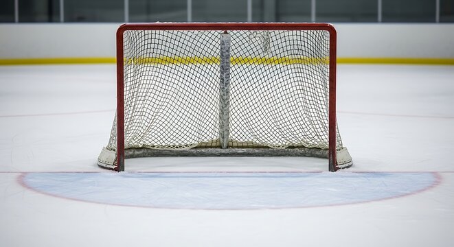Empty hockey net on a freshly-zambonied rink.