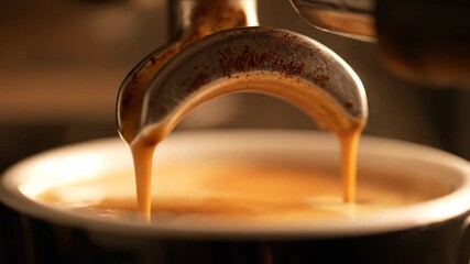 Espresso Extraction Close-Up - Extreme close-up of espresso pouring from a portafilter into a cup. The rich, dark brown color of the coffee is highlighted against the metallic portafilter and dark - Powered by Adobe