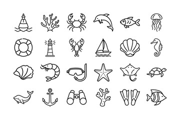 Marine Life Vector Icon Set. Ocean animals, sea creatures, dolphins, fish, turtles, corals, crabs, starfish, lighthouses, sailing, snorkeling, and more. Editable stroke. Vector illustrations.
