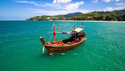Traditional longtail boat amidst turquoise waters of Thailand's tropical coastline