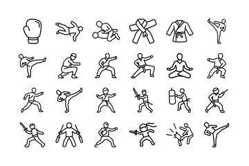Martial Art Vector Icon Set. Boxing, karate, kung fu, jiu-jitsu, taekwondo, ninja, and more. Kickboxing, self-defense, fighting moves, belts, training equipment. Editable stroke. Vector illustrations.