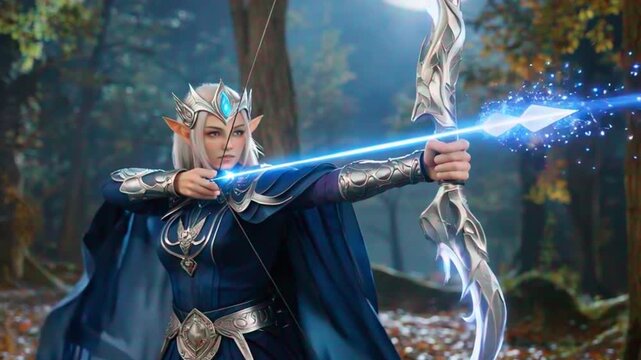 Elf warrior aiming bow with glowing arrow in enchanted forest  