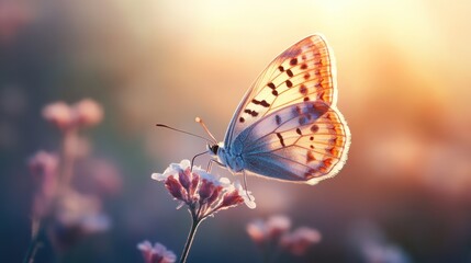 Butterfly on flower at sunset, nature beauty, peaceful scene. Use Stock photo for nature, tranquility, or beauty themes