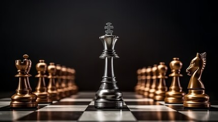King Queen and knight chess team standing on chess board with chess that falling in the back concepts of business team and leadership strategy and organization risk management, Generative AI