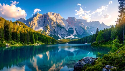 Serene alpine lake reflecting dramatic mountain range and lush forest scenery