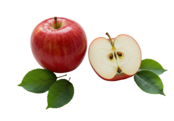 Whole and halved red apples with green leaves on a transparent surface, sharp focus, natural daylight, ample copy space. Concept of natural health and freshness