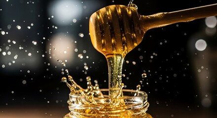Golden honey dripping from wooden dipper into jar image