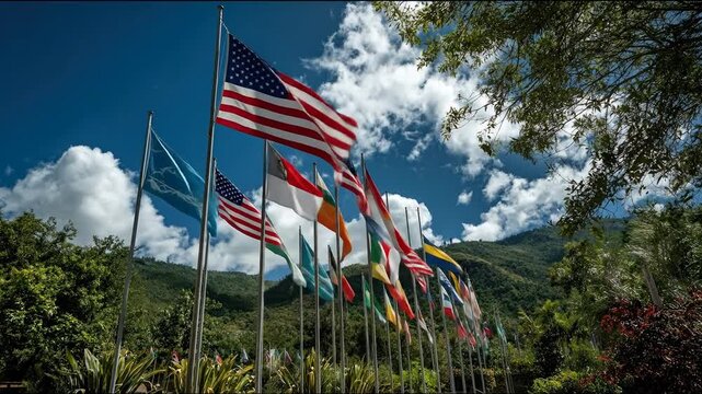 Numerous flags of various nations wave in a gentle breeze against a backdrop of lush greenery and a bright, partly cloudy sky, set against a mountainous terrain