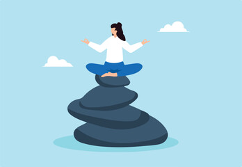 Flat illustration calm woman meditate on stacked pile of stone symbolizing mindfulness balance stability and inner peace