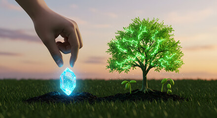 Hand Placing Blue Crystal Next to Growing Green Tree