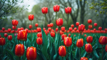 Fototapeta premium Bright red tulips in a garden during springtime. Lush green leaves surrounding the vibrant flowers under soft natural light.