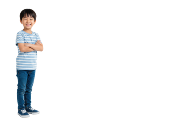 Cheerful young asian boy in striped t-shirt, jeans, arms crossed, smiling confidently on transparent studio background with copy space. Positive child development concept