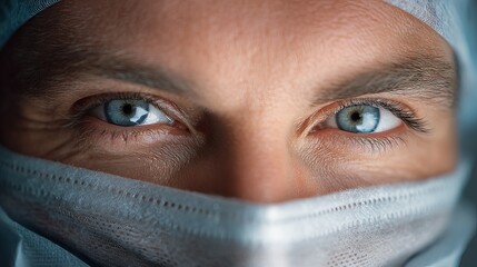 Close-up of a male surgeon with striking blue eyes, wearing a surgical mask and cap.