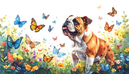A dog surrounded by butterflies and flowers. Colorful, happy art