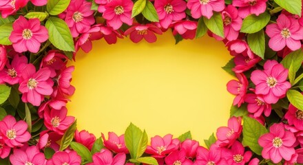 Vibrant pink floral border framing a bright yellow copy space, perfect for spring or summer themes