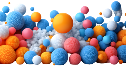 Colorful, plastic Easter eggs in blue, yellow, red, and green are scattered on a white background