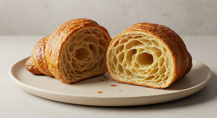 Delicious freshly baked croissant sliced in half sitting on a plate against a soft beige background, showcasing the flaky and