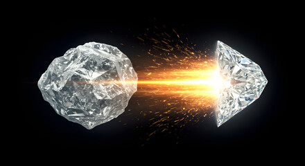 Raw Rock to Sparkly Diamond with Golden Light on Transparent Background