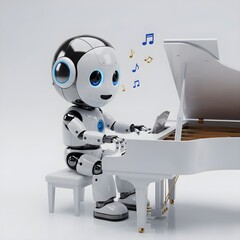 cute robot playing piano on white background