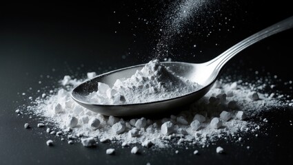 Spoon with powder and scattered particles on dark surface.