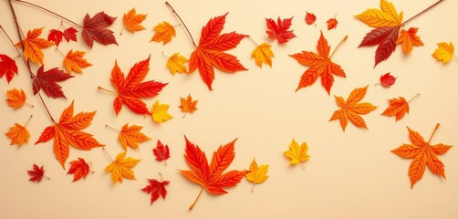 Obraz premium Crisp autumn leaves scattered artfully on a beige backdrop, november, design