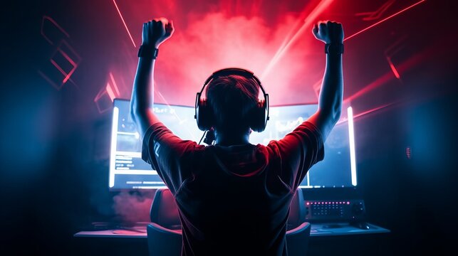 Professional eSports gamer rejoices in the victory and green game room background, Generative AI