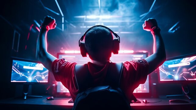 Professional eSports gamer rejoices in the victory and green game room background, Generative AI