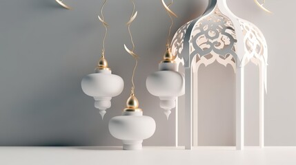 ramadan white greeting card of crescent moon decoration and lanterns with copy space area banner, Generative AI