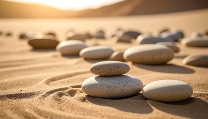 Tranquil zen garden scene with pebbles stacked on sand with sunlight background