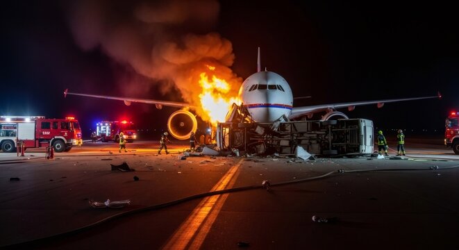 Firefighters battle a large fire engulfing an aircraft on an airport runway at night. Emergency response to airplane crash disaster. - Powered by Adobe