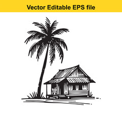 Island, beach, palm tropical hut with a palm tree on a sandy shore