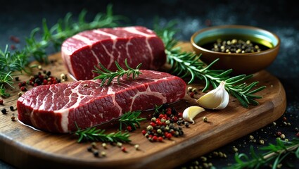 Fresh meat steaks on a wooden board with herbs, garlic, pepper, and spices.