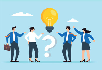 Flat illustration of business people stand with question mark and lightbulb symbolizing QA session to solve problem
