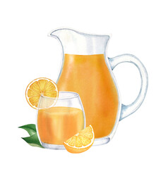 Orange juice in a glass and pitcher with sliced oranges. Hand drawn watercolor illustration Isolated on white background.