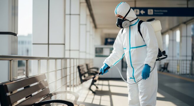 Male worker in protective gear sanitizing public space indoors using sprayer equipment - Powered by Adobe