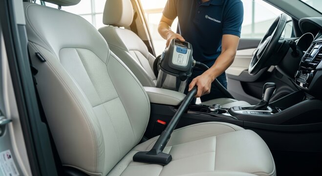 Man vacuuming car interior with handheld vacuum cleaner in bright car - Powered by Adobe