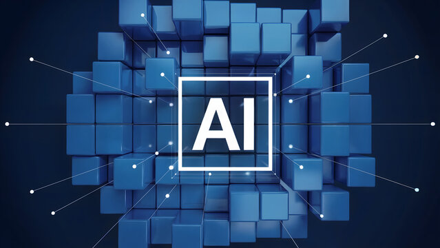 Artificial intelligence ai concept with blue cubes and network connections in a square frame